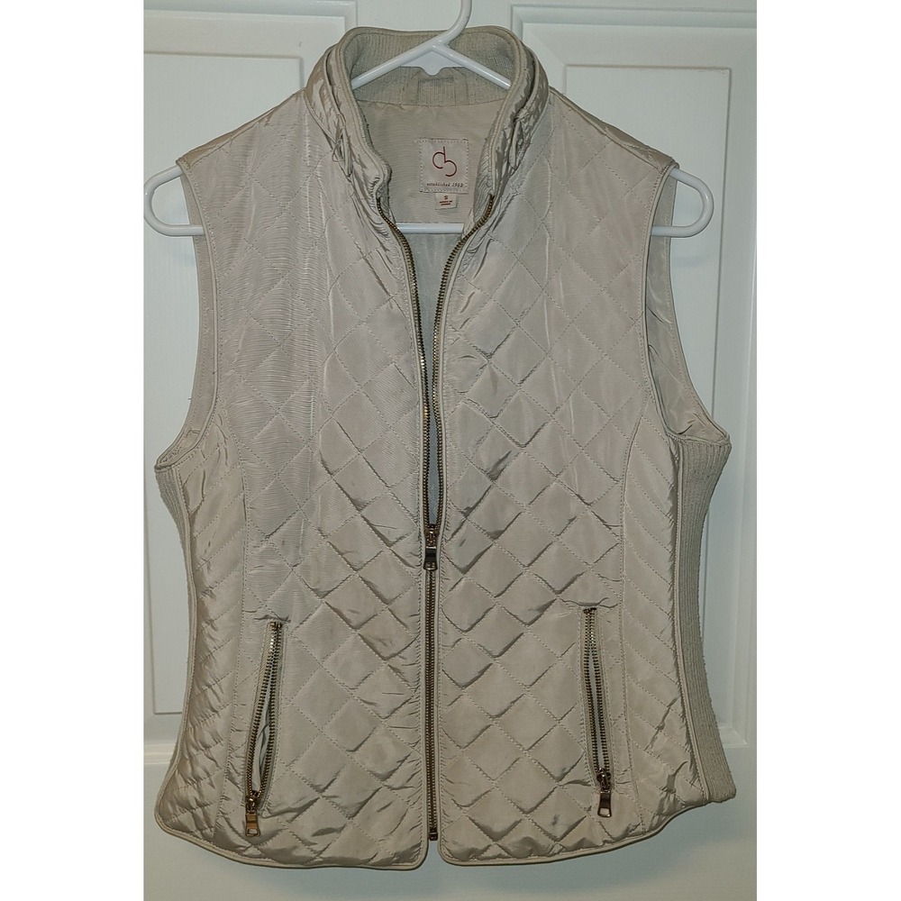 Aspen DB Womens Quilted Vest Sz S Beige Full Zip Pockets Knit Side Panels Nice